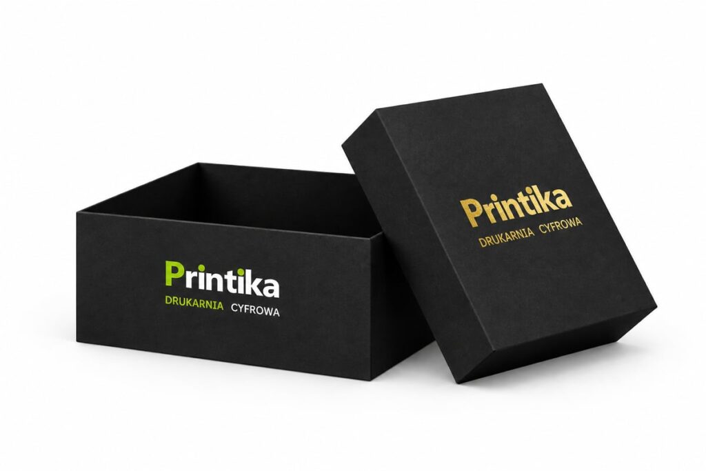 Pudełko soft touch ze złoconym logo, przykładowa wizualizacja